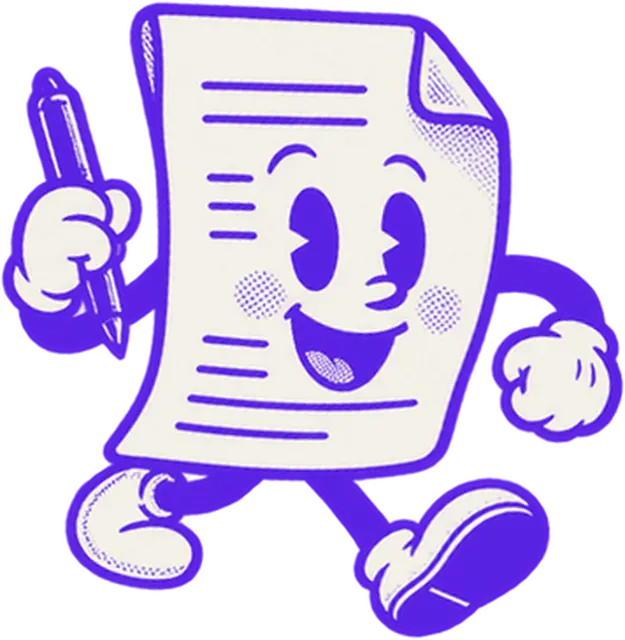 Mascotte De fond en comble : une feuille de document qui tient un stylo