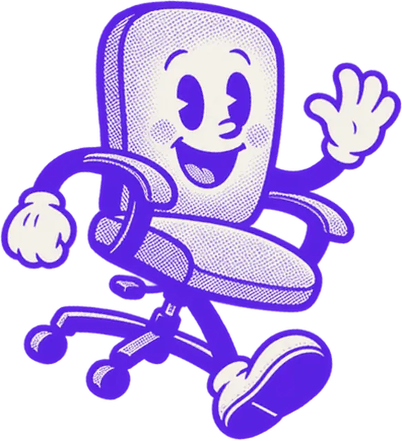 Mascotte De fond en comble : un fauteuil de bureau souriant qui fait coucou